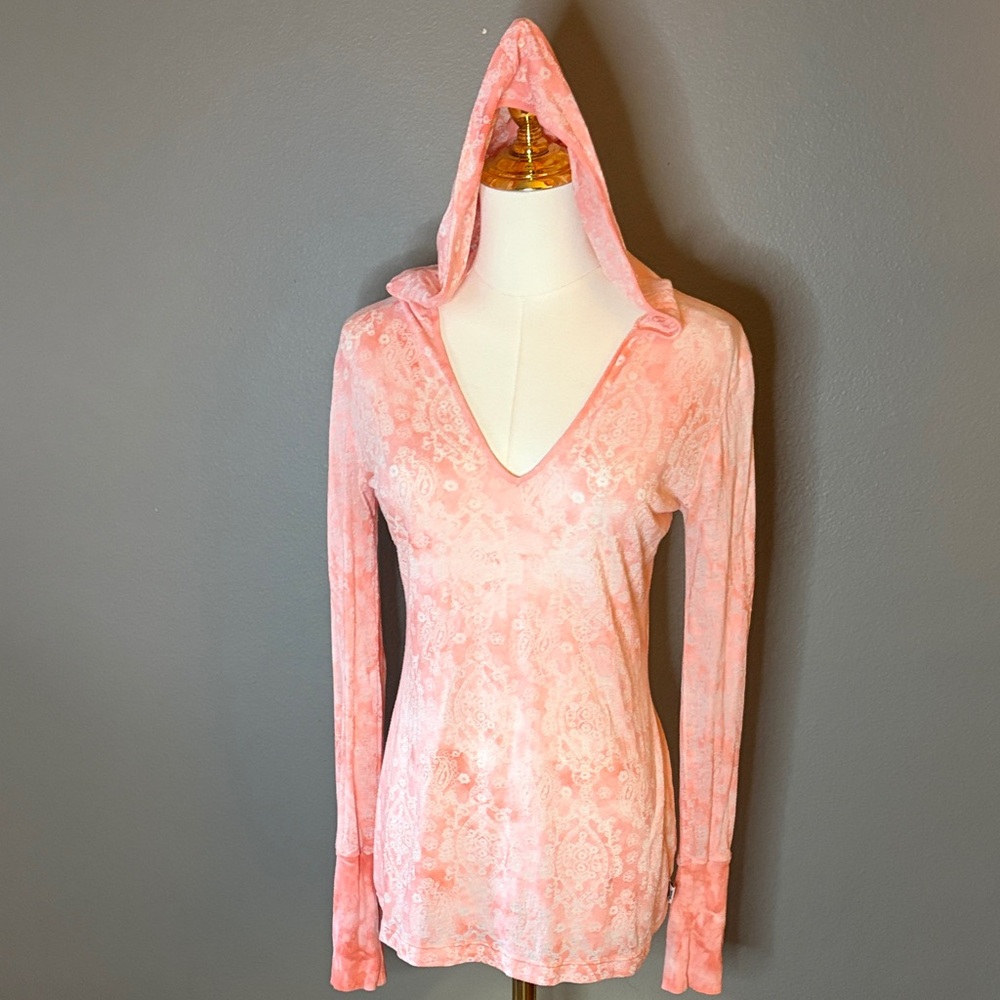 Prana Pink Hooded V-Neck Lightweight Long Sleeve Top